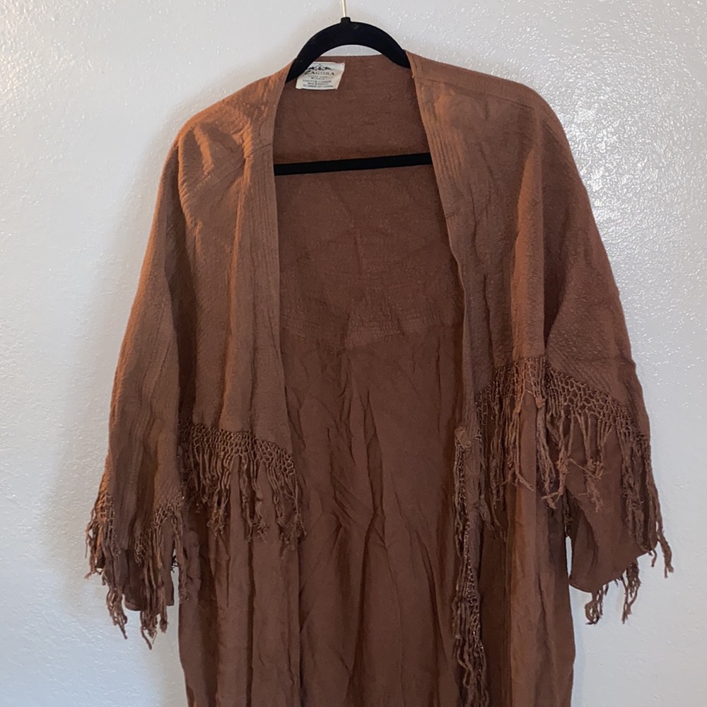Zagora Fringe Throw On Sleeved Cape - Picture 3 of 6